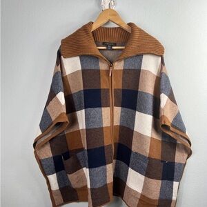 Tahari Plaid Zip-Up Sweater Poncho